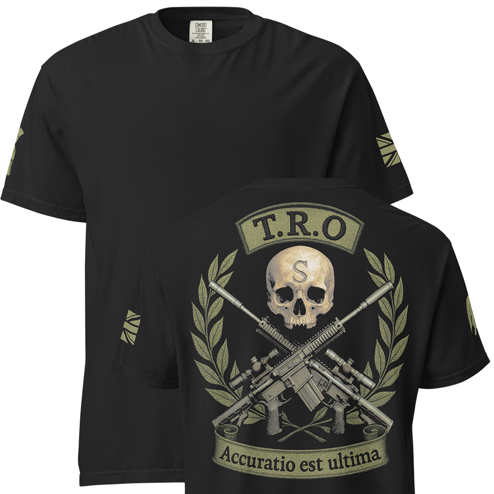Front and back view of Black short sleeve unisex fit classic cotton T-Shirt by Achilles Tactical Clothing Brand printed with Large TRO design across back