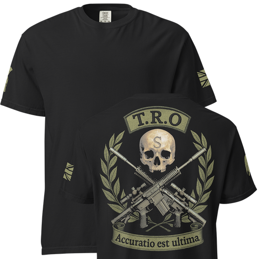 Front and back view of Black short sleeve unisex fit classic cotton T-Shirt by Achilles Tactical Clothing Brand printed with Large TRO design across back