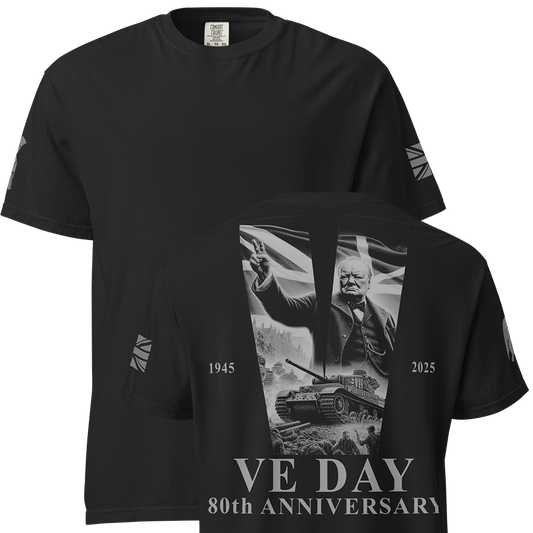 Front and back view of Black short sleeve unisex fit classic cotton T-Shirt by Achilles Tactical Clothing Brand printed with Large VE DAY 80 design across back