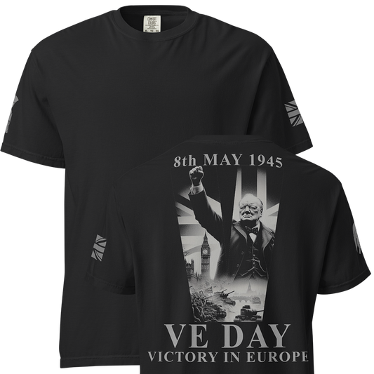 Front and back view of Black short sleeve unisex fit classic cotton T-Shirt by Achilles Tactical Clothing Brand printed with Large VE DAY design across back