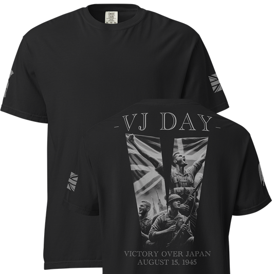 Front and back view of Black short sleeve unisex fit classic cotton T-Shirt by Achilles Tactical Clothing Brand printed with Large VJ DAY design across back