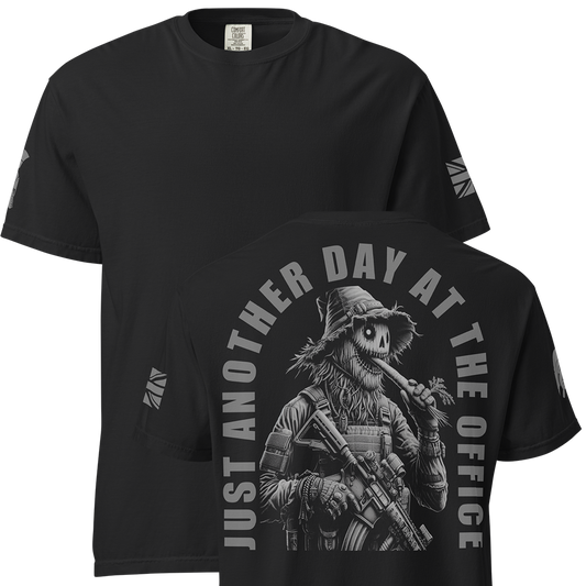 Front and back view of Black short sleeve unisex fit classic cotton T-Shirt by Achilles Tactical Clothing Brand printed with Large Just Another Day at the Office carrot Cruncher design across back