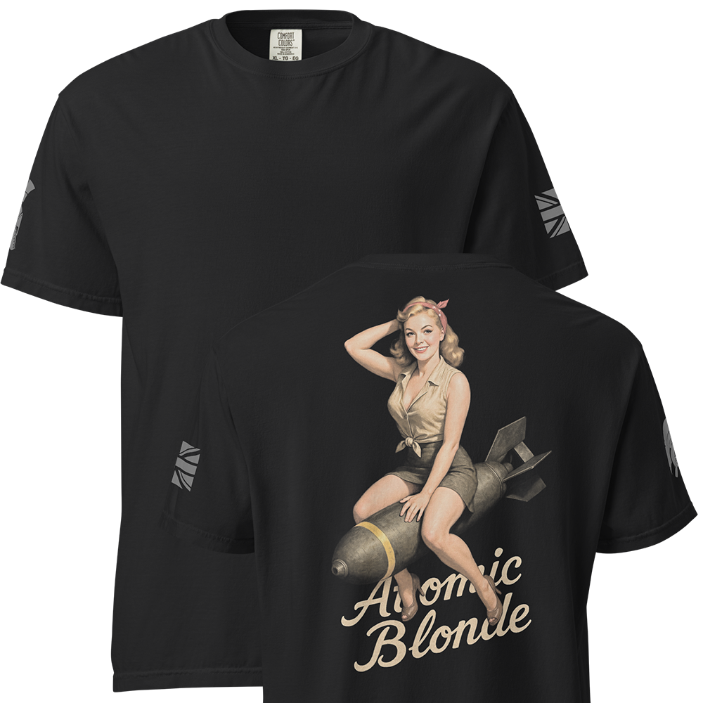 Front and back view of Black short sleeve unisex fit classic cotton T-Shirt by Achilles Tactical Clothing Brand printed with Large Atomic Bomb design across back