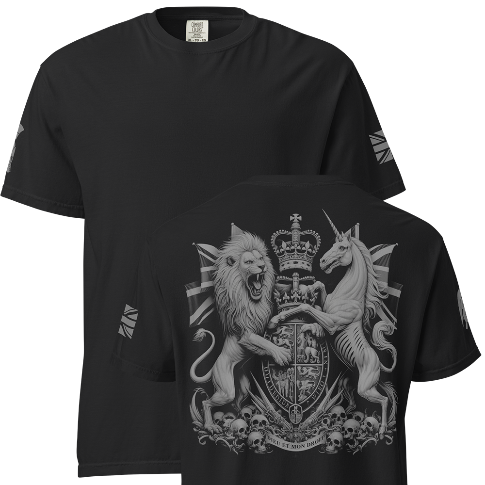 Front and back view of Black short sleeve unisex fit classic cotton T-Shirt by Achilles Tactical Clothing Brand printed with Large coat of arms design across back