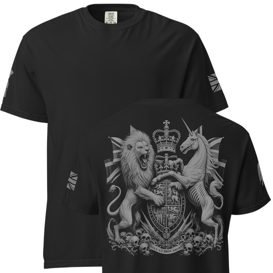 Front and back view of Black short sleeve unisex fit classic cotton T-Shirt by Achilles Tactical Clothing Brand printed with Large coat of arms design across back