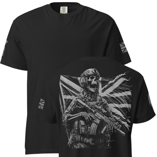 Front and back view of Black short sleeve unisex fit classic cotton T-Shirt by Achilles Tactical Clothing Brand printed with Large Defending the flag design across back