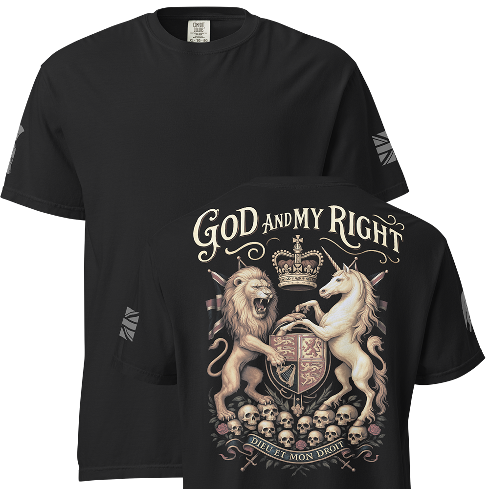 Front and back view of Black short sleeve unisex fit classic cotton T-Shirt by Achilles Tactical Clothing Brand printed with Large Dieu Et Mon Droit design across back