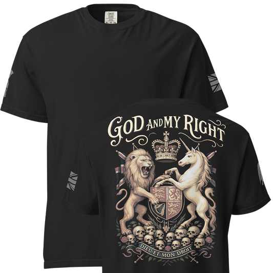 Front and back view of Black short sleeve unisex fit classic cotton T-Shirt by Achilles Tactical Clothing Brand printed with Large Dieu Et Mon Droit design across back