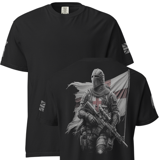Front and back view of Black short sleeve unisex fit classic cotton T-Shirt by Achilles Tactical Clothing Brand printed with Large English Knight II design across back