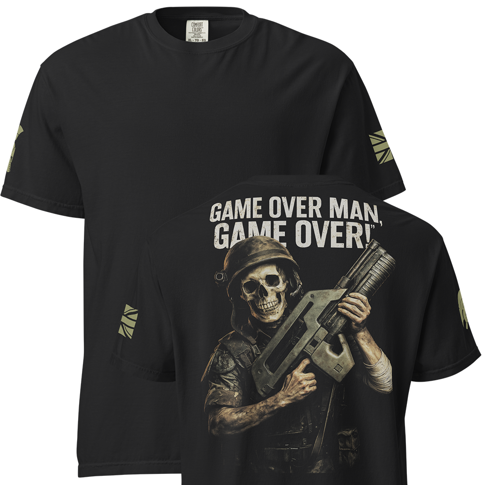 Front and back view of Black short sleeve unisex fit classic cotton T-Shirt by Achilles Tactical Clothing Brand printed with Large Game over man design across back