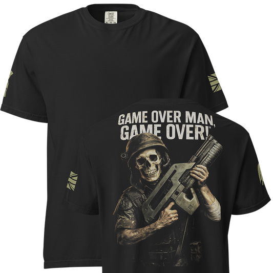 Front and back view of Black short sleeve unisex fit classic cotton T-Shirt by Achilles Tactical Clothing Brand printed with Large Game over man design across back