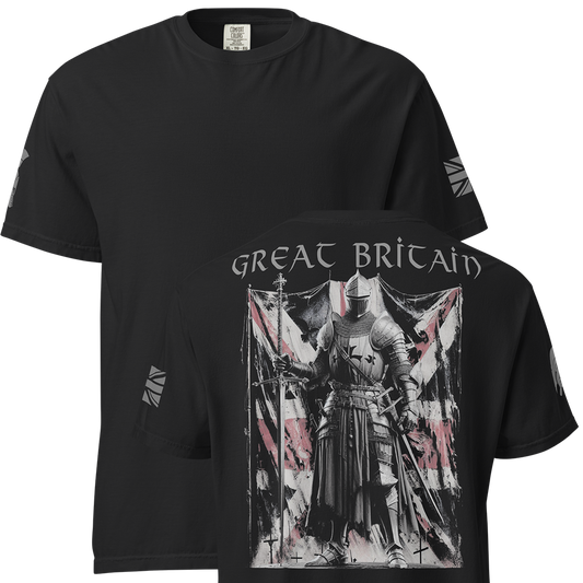 Front and back view of Black short sleeve unisex fit classic cotton T-Shirt by Achilles Tactical Clothing Brand printed with Large Great Britain design across back