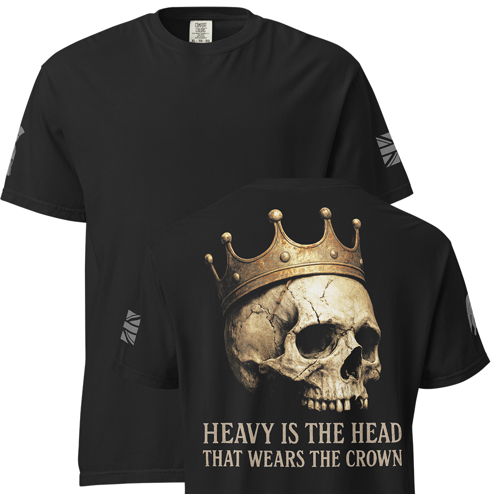 Front and back view of Black short sleeve unisex fit classic cotton T-Shirt by Achilles Tactical Clothing Brand printed with Large Heavy is the head design across back