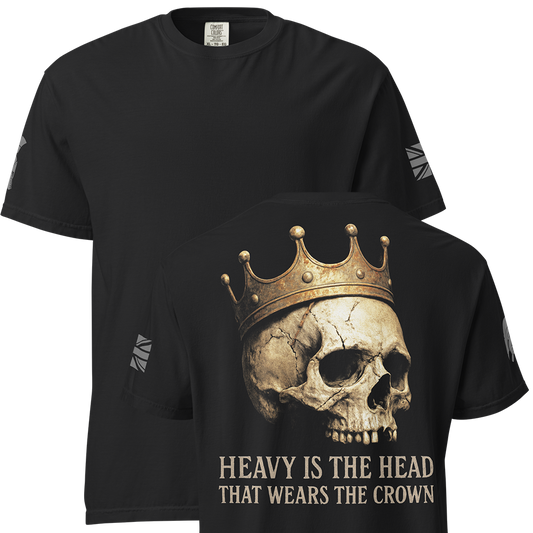 Front and back view of Black short sleeve unisex fit classic cotton T-Shirt by Achilles Tactical Clothing Brand printed with Large Heavy is the head design across back