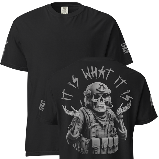 Front and back view of Black short sleeve unisex fit classic cotton T-Shirt by Achilles Tactical Clothing Brand printed with Large it is what it is design across back