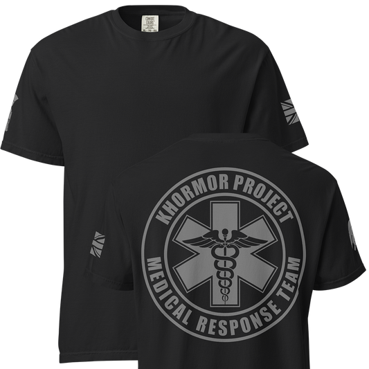 Front and back view of Black short sleeve unisex fit classic cotton T-Shirt by Achilles Tactical Clothing Brand printed with Large Khormor Project design across back