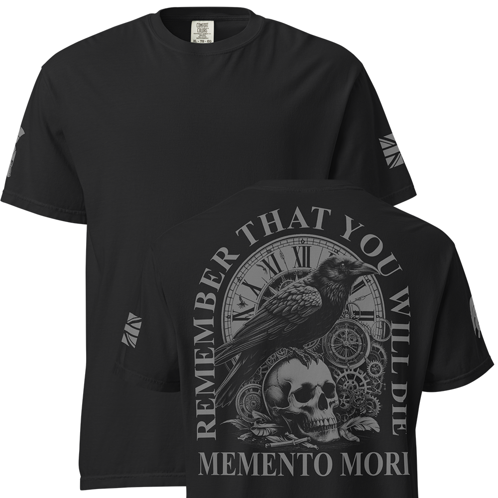 Front and back view of Black short sleeve unisex fit classic cotton T-Shirt by Achilles Tactical Clothing Brand printed with Large Memento Mori design across back