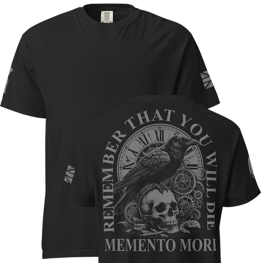 Front and back view of Black short sleeve unisex fit classic cotton T-Shirt by Achilles Tactical Clothing Brand printed with Large Memento Mori design across back