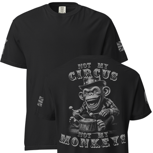 Front and back view of Black short sleeve unisex fit classic cotton T-Shirt by Achilles Tactical Clothing Brand printed with Large Not my circus not my monkeys design across back