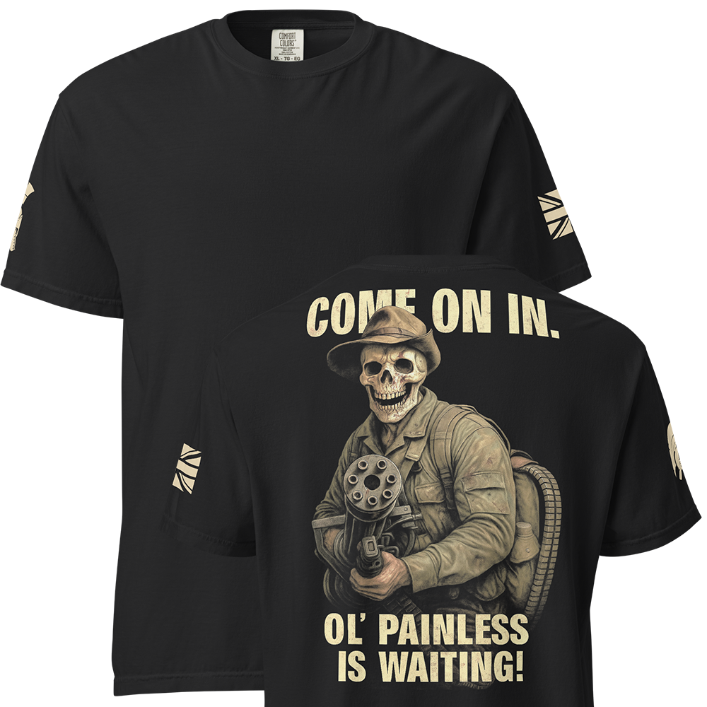 Front and back view of Black short sleeve unisex fit classic cotton T-Shirt by Achilles Tactical Clothing Brand printed with Large Ol Painless design across back