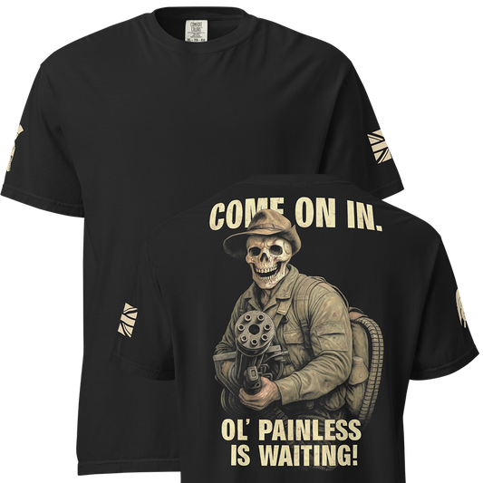 Front and back view of Black short sleeve unisex fit classic cotton T-Shirt by Achilles Tactical Clothing Brand printed with Large Ol Painless design across back