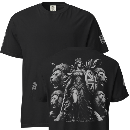Front and back view of Black short sleeve unisex fit classic cotton T-Shirt by Achilles Tactical Clothing Brand printed with Large Our Lady Britannia design across back