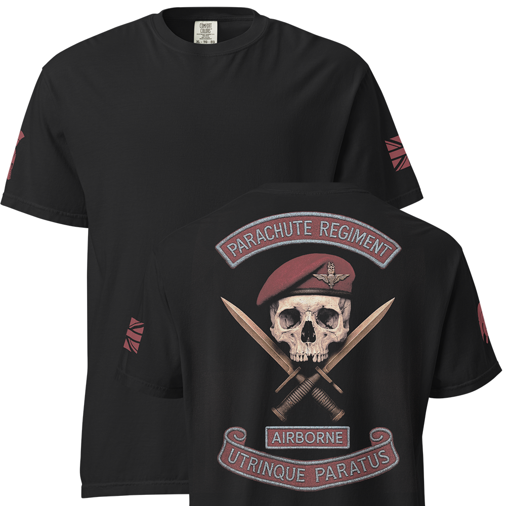 Front and back view of Black short sleeve unisex fit classic cotton T-Shirt by Achilles Tactical Clothing Brand printed with Large Parachute Regiment Airborne design across back