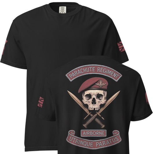 Front and back view of Black short sleeve unisex fit classic cotton T-Shirt by Achilles Tactical Clothing Brand printed with Large Parachute Regiment Airborne design across back