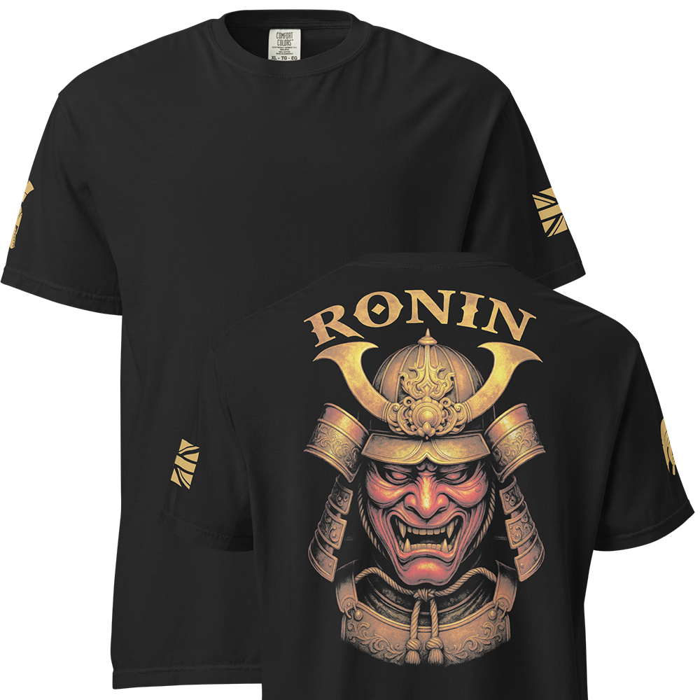 Front and back view of Black short sleeve unisex fit classic cotton T-Shirt by Achilles Tactical Clothing Brand printed with Large Ronin design across back
