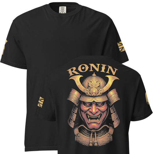 Front and back view of Black short sleeve unisex fit classic cotton T-Shirt by Achilles Tactical Clothing Brand printed with Large Ronin design across back