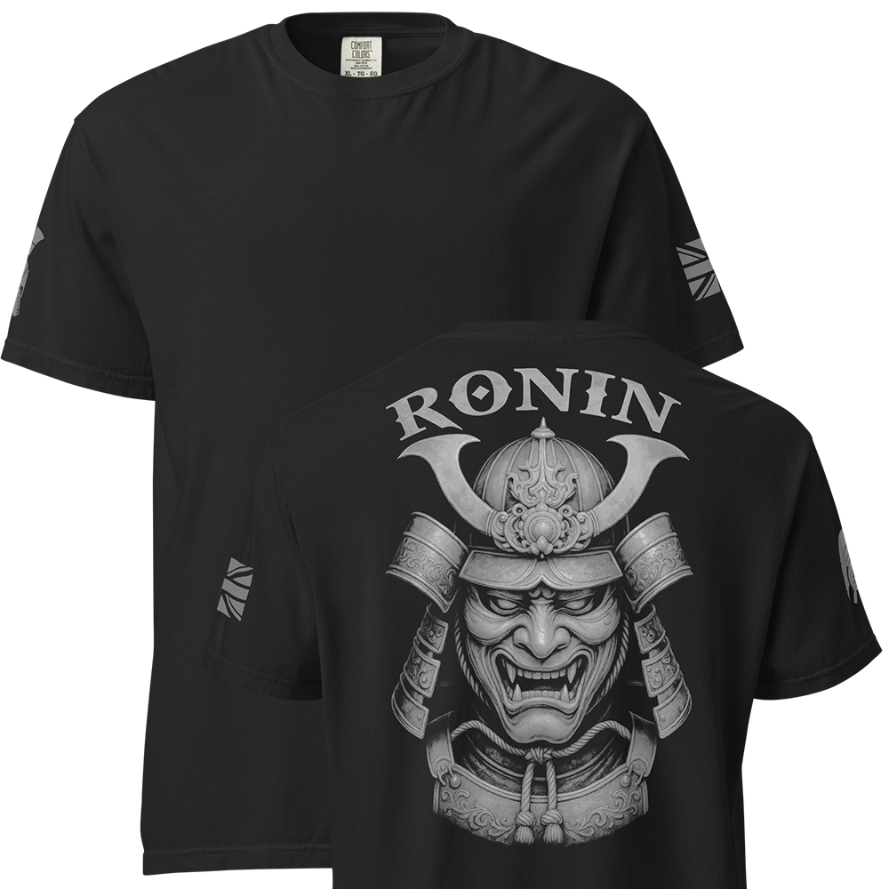 Front and back view of Black short sleeve unisex fit classic cotton T-Shirt by Achilles Tactical Clothing Brand printed with Large Ronin ghost grey design across back