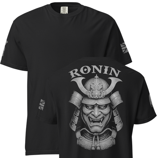 Front and back view of Black short sleeve unisex fit classic cotton T-Shirt by Achilles Tactical Clothing Brand printed with Large Ronin ghost grey design across back