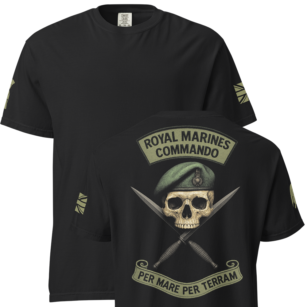 Front and back view of Black short sleeve unisex fit classic cotton T-Shirt by Achilles Tactical Clothing Brand printed with Large Royal Marines Commando design across back