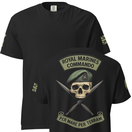 Front and back view of Black short sleeve unisex fit classic cotton T-Shirt by Achilles Tactical Clothing Brand printed with Large Royal Marines Commando design across back