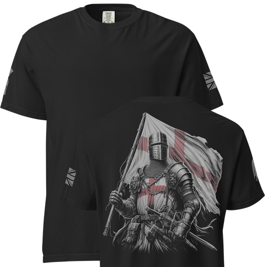 Front and back view of Black short sleeve unisex fit classic cotton T-Shirt by Achilles Tactical Clothing Brand printed with Large English Knight design across back
