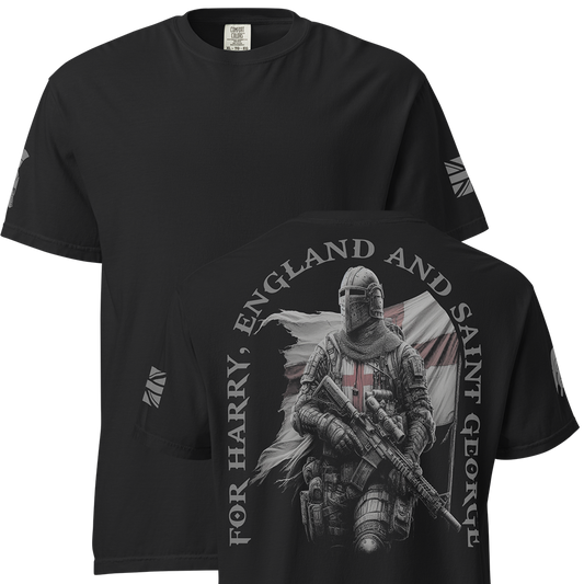 Front and back view of Black short sleeve unisex fit classic cotton T-Shirt by Achilles Tactical Clothing Brand printed with Large Saint George II design across back