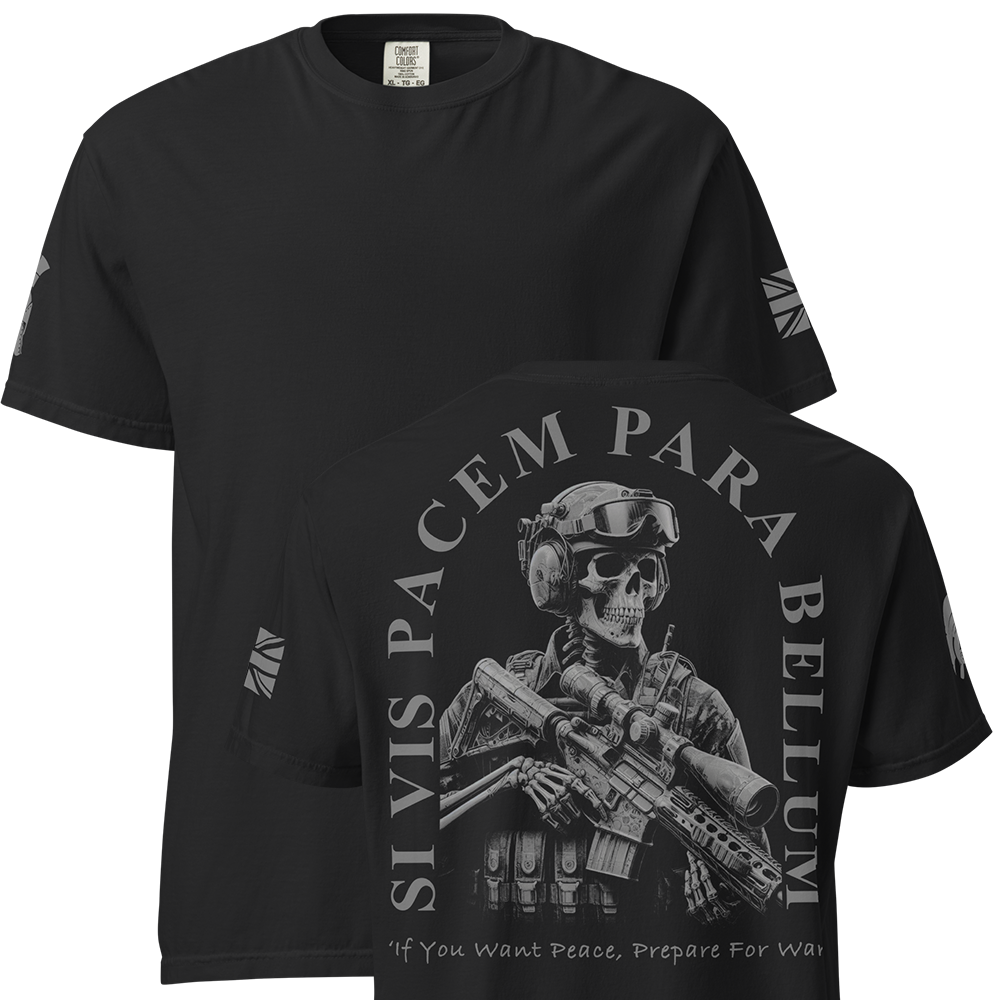 Front and back view of Black short sleeve unisex fit classic cotton T-Shirt by Achilles Tactical Clothing Brand printed with Large si vis pacem para bellum design across back
