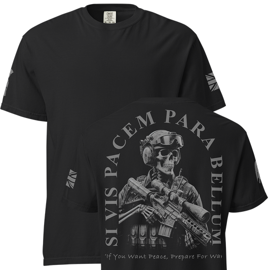 Front and back view of Black short sleeve unisex fit classic cotton T-Shirt by Achilles Tactical Clothing Brand printed with Large si vis pacem para bellum design across back