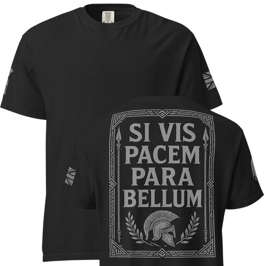 Front and back view of Black short sleeve unisex fit classic cotton T-Shirt by Achilles Tactical Clothing Brand printed with Large Si Vis Pacem design across back