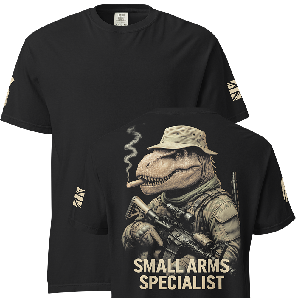 Front and back view of Black short sleeve unisex fit classic cotton T-Shirt by Achilles Tactical Clothing Brand printed with Large Small Arms Specialist design across back