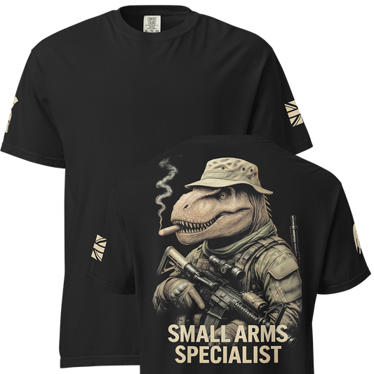 Front and back view of Black short sleeve unisex fit classic cotton T-Shirt by Achilles Tactical Clothing Brand printed with Large Small Arms Specialist design across back