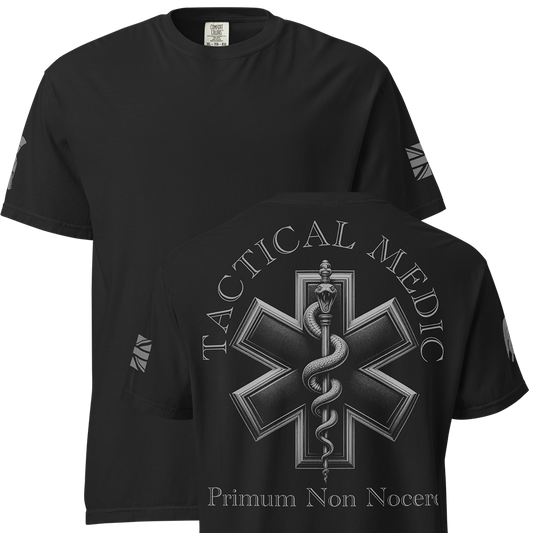 Front and back view of Black short sleeve unisex fit classic cotton T-Shirt by Achilles Tactical Clothing Brand printed with Large Tactical Medic I First Do No Harm design across back