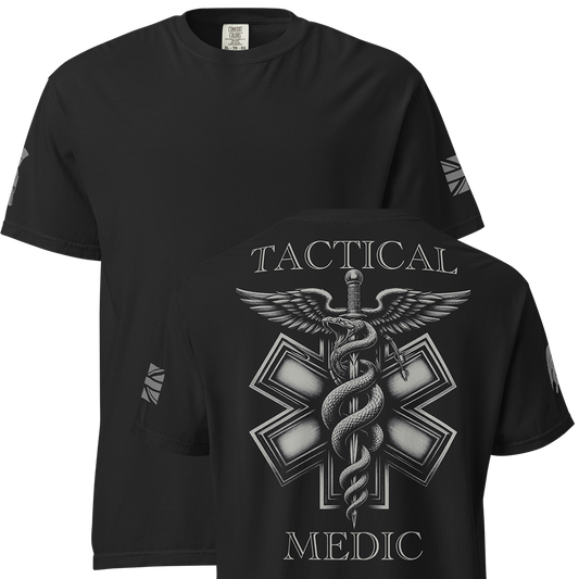 Front and back view of Black short sleeve unisex fit classic cotton T-Shirt by Achilles Tactical Clothing Brand printed with Large Tactical Medic II design across back