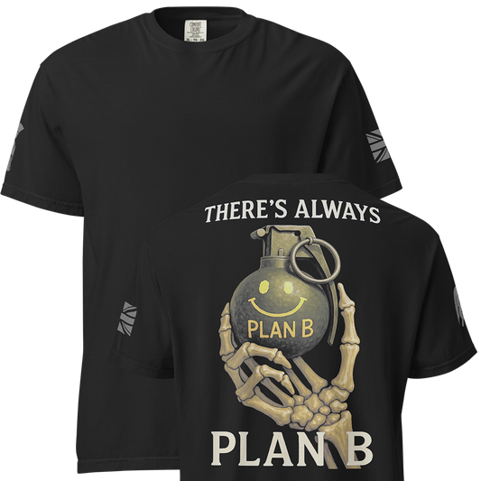 Front and back view of Black short sleeve unisex fit classic cotton T-Shirt by Achilles Tactical Clothing Brand printed with Large There's Always Plan B design across back