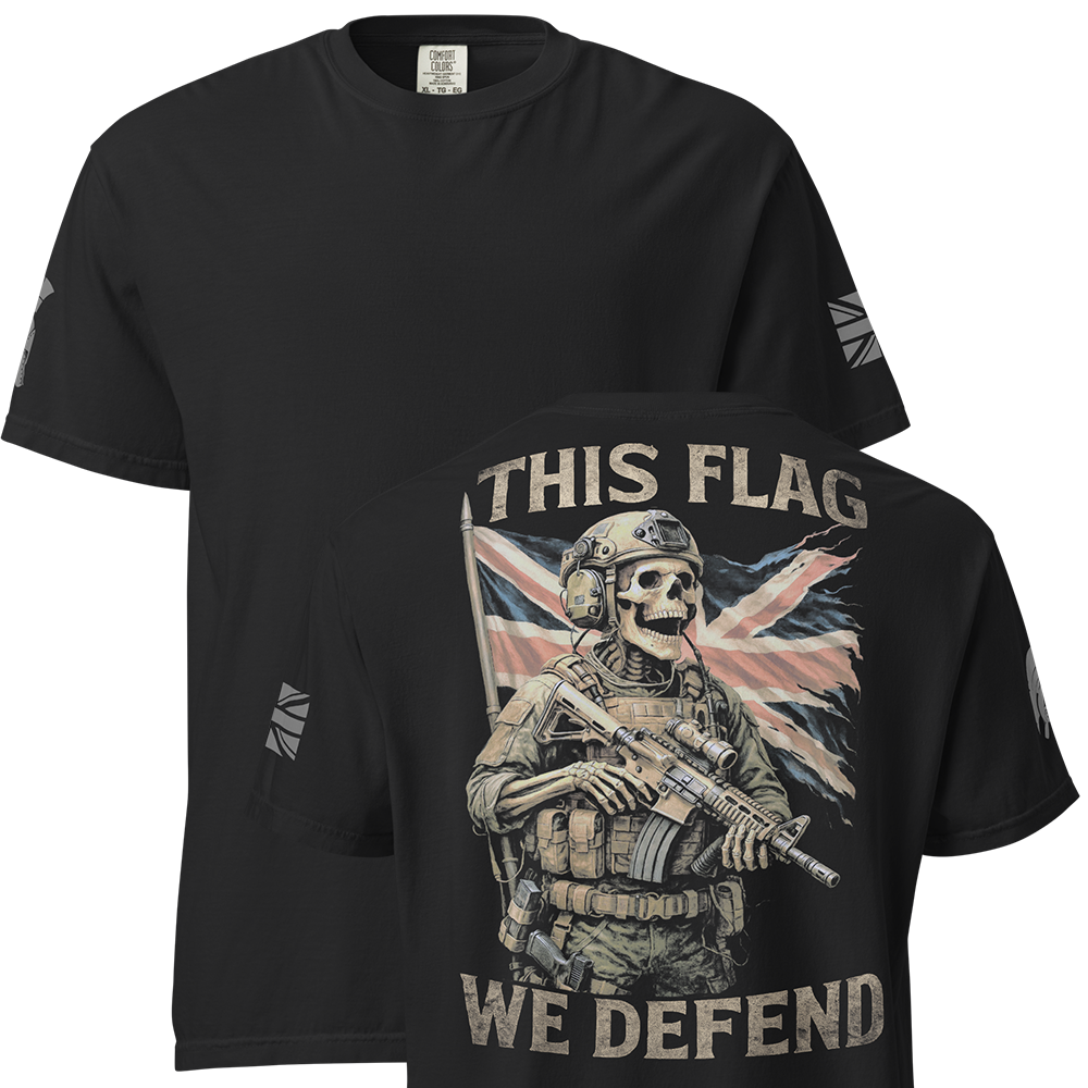 Front and back view of Black short sleeve unisex fit classic cotton T-Shirt by Achilles Tactical Clothing Brand printed with Large This Flag We Defend design across back