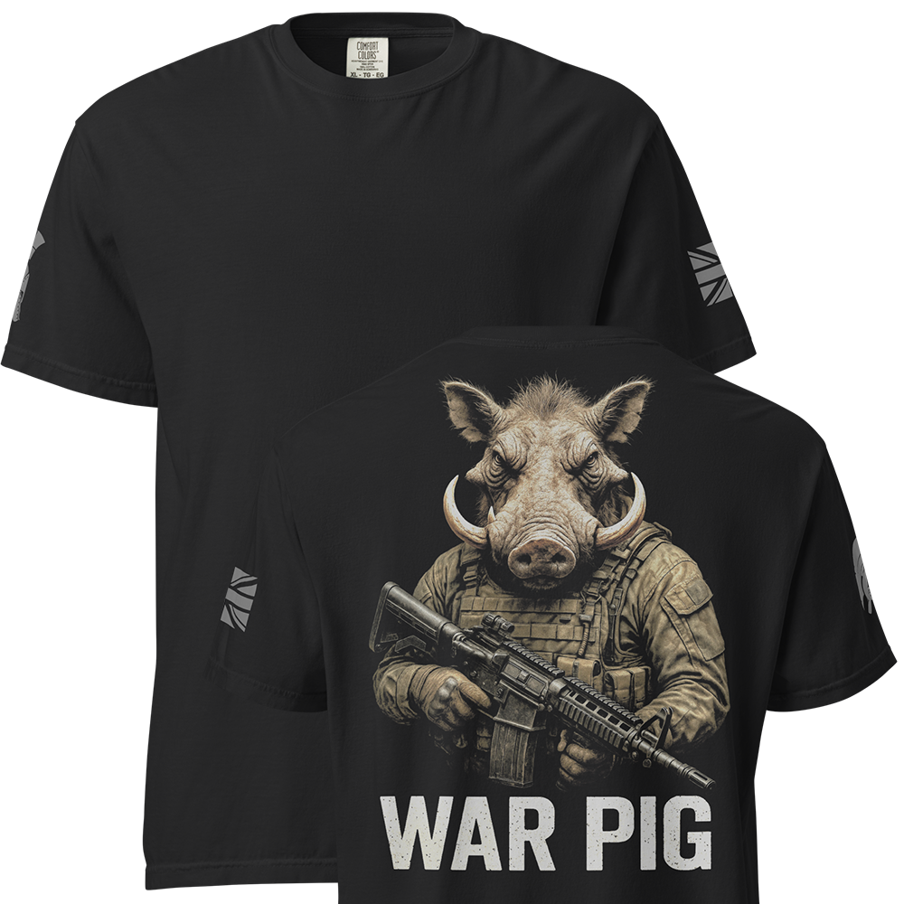 Front and back view of Black short sleeve unisex fit classic cotton T-Shirt by Achilles Tactical Clothing Brand printed with Large War pig design across back