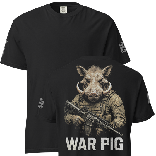 Front and back view of Black short sleeve unisex fit classic cotton T-Shirt by Achilles Tactical Clothing Brand printed with Large War pig design across back