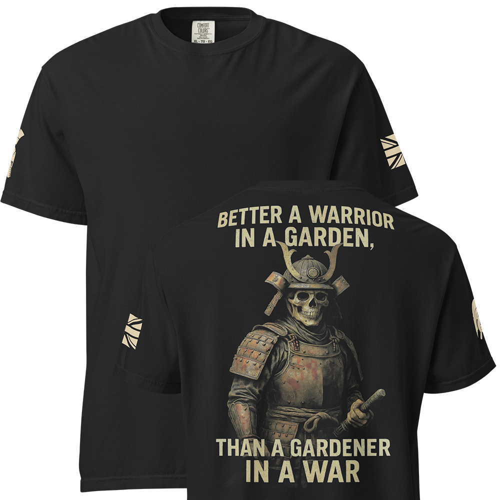 Front and back view of Black short sleeve unisex fit classic cotton T-Shirt by Achilles Tactical Clothing Brand printed with Large Warrior in a garden design across back