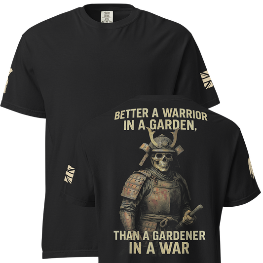 Front and back view of Black short sleeve unisex fit classic cotton T-Shirt by Achilles Tactical Clothing Brand printed with Large Warrior in a garden design across back