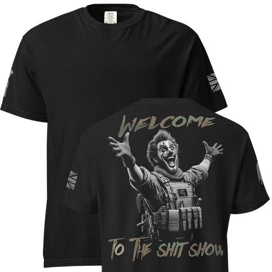 Front and back view of Black short sleeve unisex fit classic cotton T-Shirt by Achilles Tactical Clothing Brand printed with Large welcome to the shit show design across back